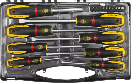 Набор STAYER &quot;PROFESSIONAL&quot; &quot;PROTech&quot;: Отвертки, Cr-Mo, двухком рукоят, отвертки 7шт, отвертка-битодержатель, биты 10шт 25133-H8_z02 купить в Урае