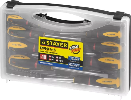 Набор STAYER &quot;PROFESSIONAL&quot; &quot;PROTech&quot;: Отвертки, Cr-Mo, двухком рукоят, отвертки 7шт, отвертка-битодержатель, биты 10шт 25133-H8_z02 купить в Урае