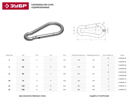 Карабин ЗУБР "МАСТЕР" DIN 5299С, оцинкованный, 14мм, 4 шт 4-304545-14 купить в Урае