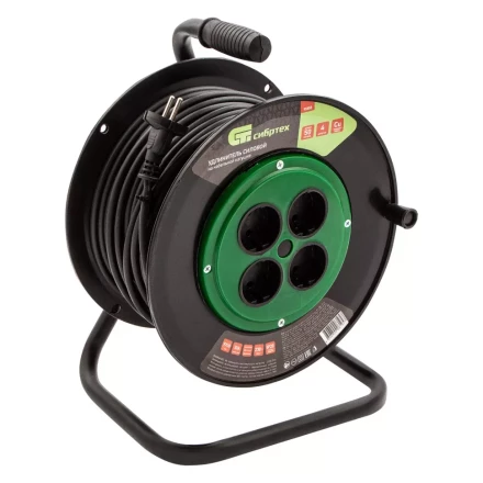 Удлинитель силовой 50 м Сибртех 95855, 10А, тип УХ10, ПВС, на кабельной катушке, 4 розетки без заземления купить в Урае