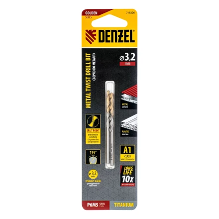 Сверло спиральное по металлу 3,2 x 65 мм, Р6М5, Golden Tip , 2шт. Denzel 718226 купить в Урае