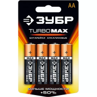 Батарейка ЗУБР "TURBO MAX" щелочная (алкалиновая), тип AA, 1,5В, 4шт на карточке 59206-4C