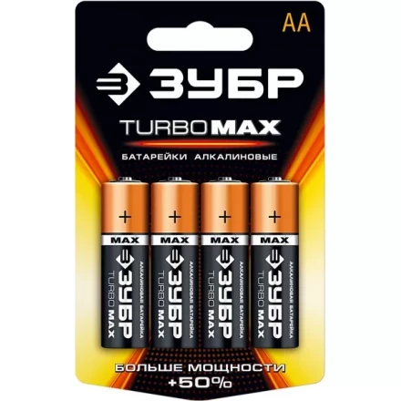 Батарейка ЗУБР &quot;TURBO MAX&quot; щелочная (алкалиновая), тип AA, 1,5В, 4шт на карточке 59206-4C купить в Урае