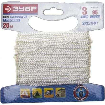 Шнур ЗУБР полиамидный, плетеный, повышенной нагрузки, с сердечником, белый, d 3, 20м 50310-03-020 купить в Урае