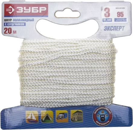 Шнур ЗУБР полиамидный, плетеный, повышенной нагрузки, с сердечником, белый, d 3, 20м 50310-03-020 купить в Урае