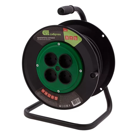Удлинитель силовой 30 м Сибртех 95863, 16А, тип УХ10, ПВС, на кабельной катушке, 4 розетки без заземления купить в Урае