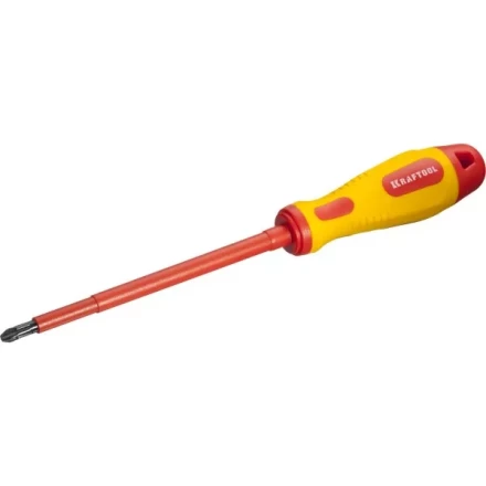 Отвертка KRAFTOOL, высоковольтная, Cr-Mo-V стержень, двухкомпонент. маслобензостойкая рукоятка, PH №3, 150мм 250084-3-150 купить в Урае