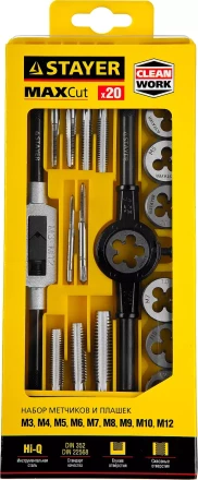 Набор метчиков и плашек STAYER "MASTER", метчикодержатель 1шт, плашкодержатель 1шт, метчики 9шт, плашки 9шт, 20 предметов 28012-H20 купить в Урае