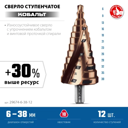 ЗУБР КОБАЛЬТ 6-38мм, 12 ступеней, винтовая проточка, сверло ступенчатое, ПРОФЕССИОНАЛ (29674-6-38-12) купить в Урае