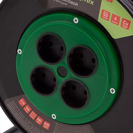 Удлинитель силовой 50 м, 16А, тип УХ10, ПВС, на кабельной катушке, 4 розетки без заземления Сибртех 95865 купить в Урае