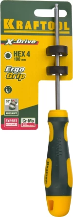 Отвертка KRAFTOOL, Cr-Mo-V сталь, двухкомпонентная противоскользящая рукоятка, HEX, №4x100мм 250075-4-100 купить в Урае