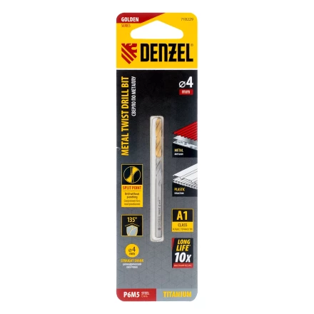 Сверло спиральное по металлу Denzel 4 x 75 мм, Р6М5, Golden Tip, 718229 купить в Урае