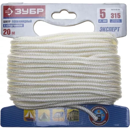 Шнур ЗУБР полиамидный, плетеный, повышенной нагрузки, с сердечником, белый, d 5, 20м 50310-05-020 купить в Урае