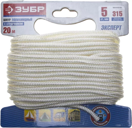 Шнур ЗУБР полиамидный, плетеный, повышенной нагрузки, с сердечником, белый, d 5, 20м 50310-05-020 купить в Урае