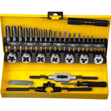 Набор метчиков и плашек STAYER "MASTER", плашки 7шт, метчики компл. 21шт, метчикодерж. 1шт, плашкодерж. 1шт, резьбомер 1шт, отвертка 1шт, 32 предмета 28014-H32 купить в Урае