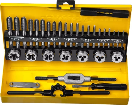 Набор метчиков и плашек STAYER "MASTER", плашки 7шт, метчики компл. 21шт, метчикодерж. 1шт, плашкодерж. 1шт, резьбомер 1шт, отвертка 1шт, 32 предмета 28014-H32 купить в Урае