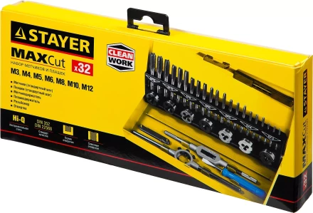 Набор метчиков и плашек STAYER "MASTER", плашки 7шт, метчики компл. 21шт, метчикодерж. 1шт, плашкодерж. 1шт, резьбомер 1шт, отвертка 1шт, 32 предмета 28014-H32 купить в Урае