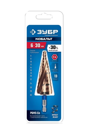 ЗУБР КОБАЛЬТ 6-30мм, 13 ступеней, винтовая проточка, сверло ступенчатое, ПРОФЕССИОНАЛ (29674-6-30-13) купить в Урае