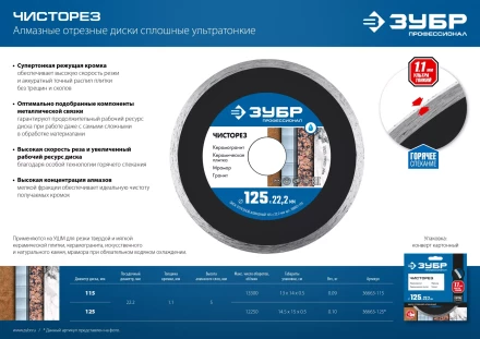 ЗУБР Чисторез, 115 мм, (22.2 мм, 5 х 1.1 мм), сплошной алмазный диск, Профессионал (36663-115) купить в Урае