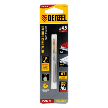 Сверло спиральное по металлу Denzel 4,5 x 80 мм, Р6М5, Golden Tip, 718231 купить в Урае