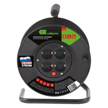 Удлинитель силовой 25 м, 16А, тип УХз16, ПВС, на кабельной катушке, 4 розетки, Россия Сибртех 96045 купить в Урае