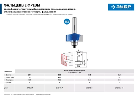 ЗУБР 38.1 x 13 мм, хвостовик 12 мм, фреза фальцевая, Профессионал (28758-38.1) купить в Урае