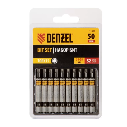 Бита TX 15х50, сталь S2, шестигранный профиль, 10 шт. Е 6,3 Denzel 11668 купить в Урае