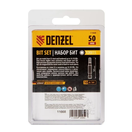 Бита TX 15х50, сталь S2, шестигранный профиль, 10 шт. Е 6,3 Denzel 11668 купить в Урае
