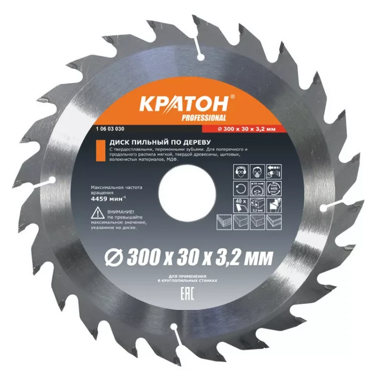 Диск пильный по дереву Кратон PROFESSIONAL 300x30 мм, 40Т 1 06 03 030 купить в Урае