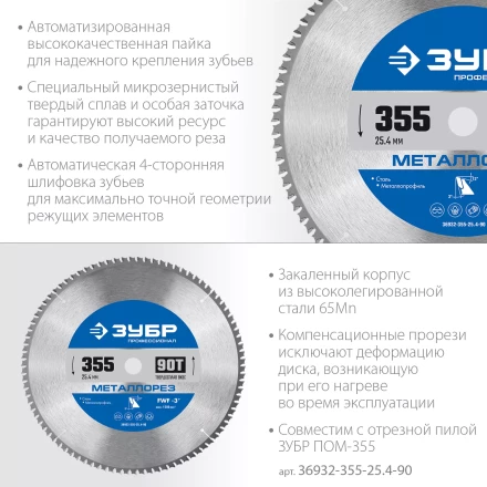 ЗУБР Металлорез, 355 х 25.4 мм, 90Т, пильный диск по металлу и металлопрофилю, Профессионал (36932-355-25.4-90) купить в Урае