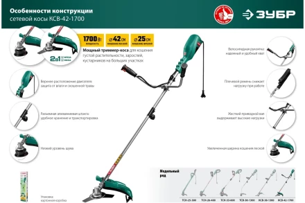 ЗУБР 1700 Вт, ш/с 42 см, сетевой триммер (КСВ-42-1700) купить в Урае