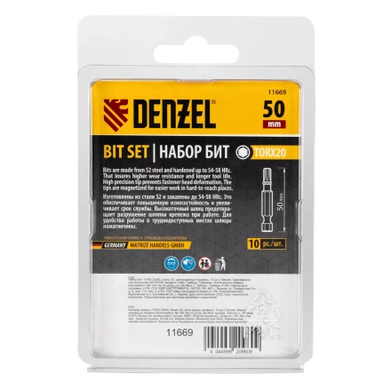 Бита TX 20х50, сталь S2, шестигранный профиль, 10 шт. Е 6,3 Denzel 11669 купить в Урае