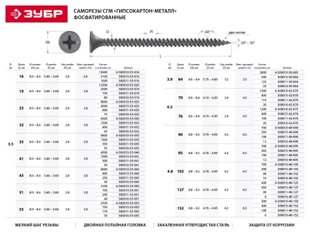 Саморезы фосфатированные с мелкой резьбой, гипсокартон-металл, ЗУБР 4-300010-35-045, PH2, 3,5 х 45 мм, 4000 шт 4-300010-35-045 купить в Урае