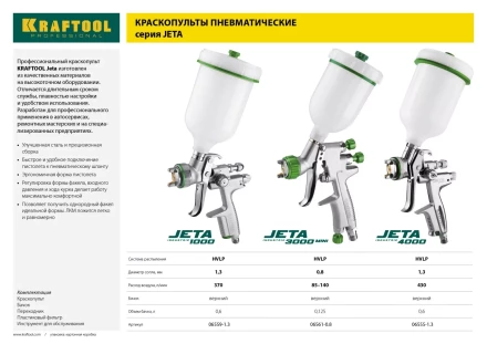 Краскопульт пневматический KRAFTOOL &quot;PRO&quot; Jeta 1000, HVLP, c верхним бачком, 1,3мм 06559-1.3 купить в Урае