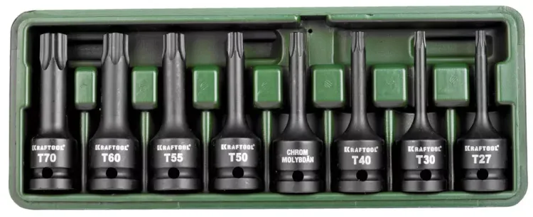 Торцовые головки KRAFTOOL "INDUSTRIE QUALITAT" ударные в наборе, (1/2"), Cr-Mo, фосфат., TORX, T27-T70, 8 шт. 27952-H8 купить в Урае
