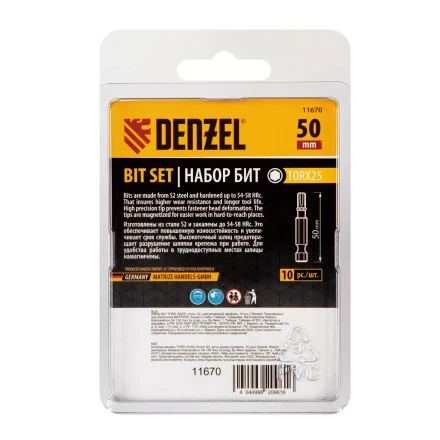 Бита TX 25х50, сталь S2, шестигранный профиль, 10 шт. Е 6,3 Denzel 11670 купить в Урае