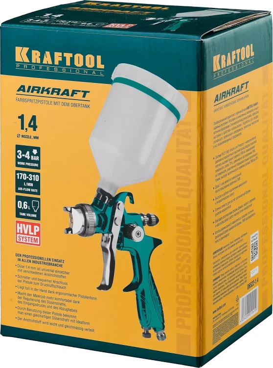 Краскопульт пневматический KRAFTOOL AirKraft, HVLP, c верхним бачком, 1,4мм 06522-1.4 купить в Урае