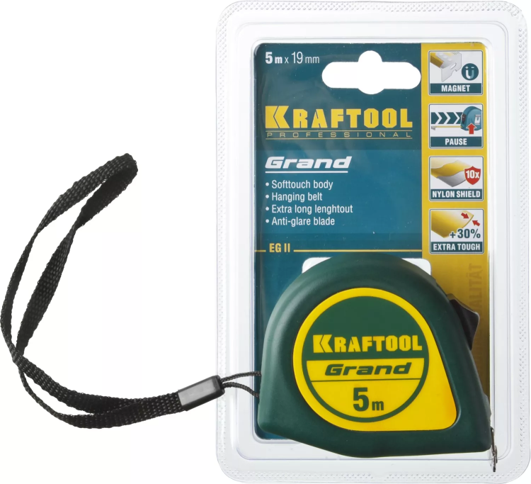 Рулетка KRAFTOOL GRAND, обрезиненный пластиковый корпус, 5м/19мм 34022-05-19 купить в Урае