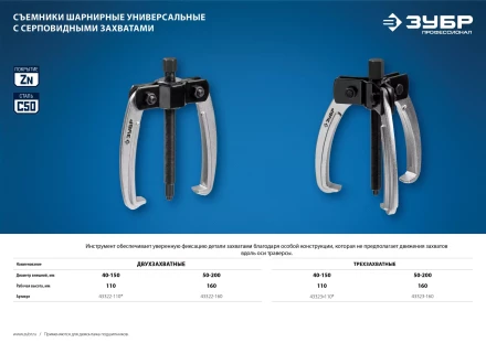 ЗУБР d 50 - 200 мм, шарнирный двухзахватный съемник с серповидными захватами, Профессионал (43322-160) купить в Урае