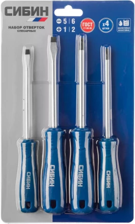 Набор: Отвертки СИБИН 25084 с закаленным стержнем, маслобензостойкая рукоятка, в блистере, 4 предмета 25084 купить в Урае