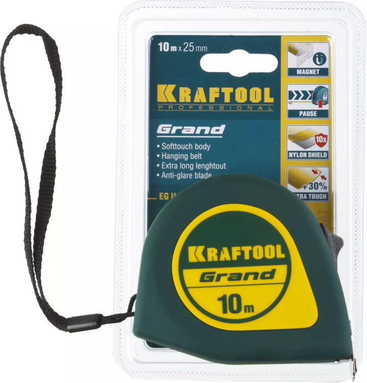 Рулетка KRAFTOOL GRAND, обрезиненный пластиковый корпус, 10м/25мм 34022-10-25 купить в Урае