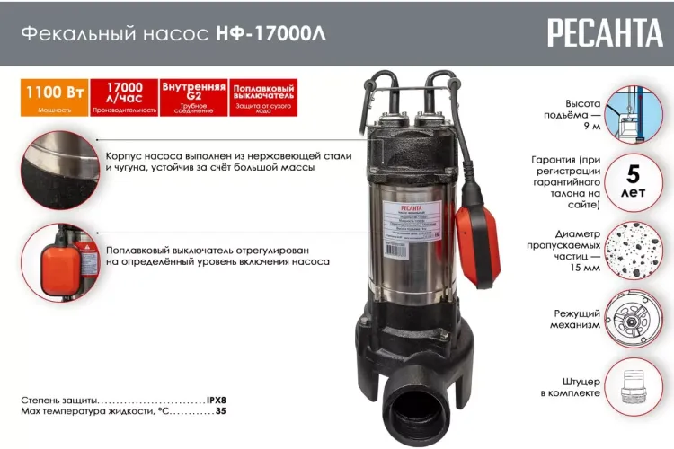 Фекальный насос Ресанта НФ-17000Л с измельчителем 77/5/3 купить в Урае