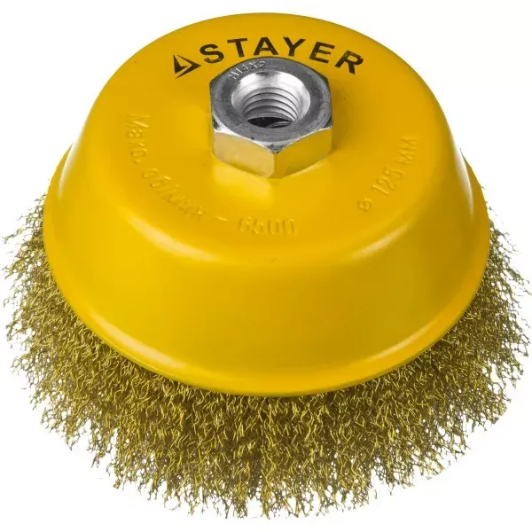 STAYER "PROFESSIONAL". Щетка чашечная для УШМ, витая стальная латунированная проволока 0,3мм, 125ммхМ14 35125-125 купить в Урае