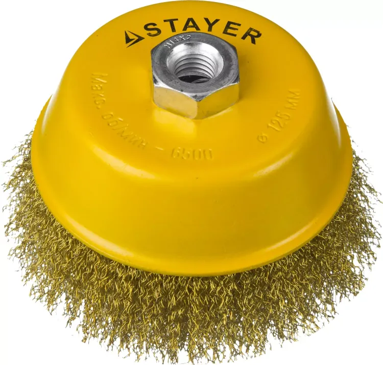 STAYER "PROFESSIONAL". Щетка чашечная для УШМ, витая стальная латунированная проволока 0,3мм, 125ммхМ14 35125-125 купить в Урае