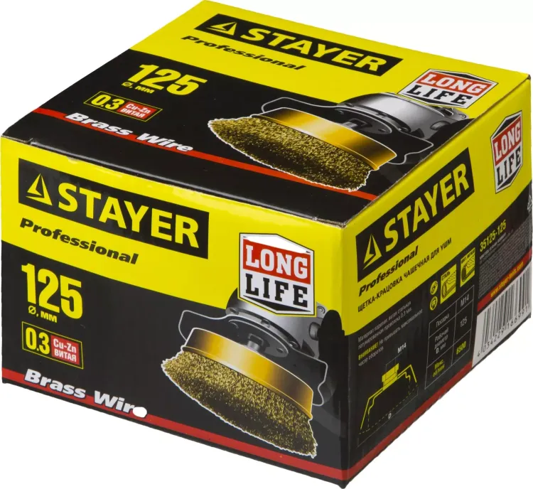 STAYER "PROFESSIONAL". Щетка чашечная для УШМ, витая стальная латунированная проволока 0,3мм, 125ммхМ14 35125-125 купить в Урае