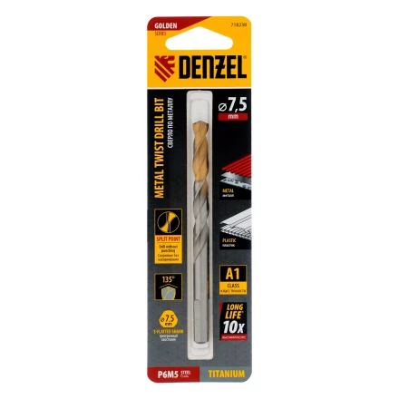 Сверло спиральное по металлу Denzel 7,5 x 109 мм, Р6М5, Golden Tip, 718238 купить в Урае