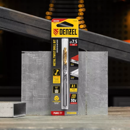 Сверло спиральное по металлу Denzel 7,5 x 109 мм, Р6М5, Golden Tip, 718238 купить в Урае