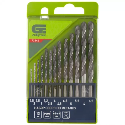 Набор сверл по металлу 1,5 - 6,5 мм 13 штук Р6М5 пластиковый кейс СИБРТЕХ артикул 72346 купить в Урае