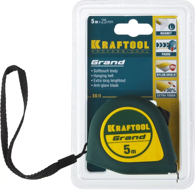Рулетка KRAFTOOL GRAND, обрезиненный пластиковый корпус, 5м/25мм 34022-05-25 купить в Урае