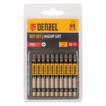 Бита PH2х60, сталь S2, цилиндр., 10 шт. Е 6,3 Denzel 11642 купить в Урае